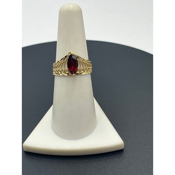 Designer 10K Yellow Gold Marquise Red Prong Garnet Ring Vintage Estate Sz 7.25 - Picture 9 of 12
